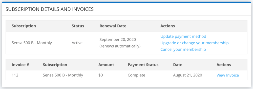 Sensa Investments Subscription Details / Invoices